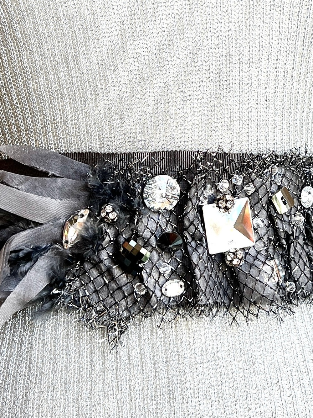 Belt rhinestone gem sparkles, feathers, organic wrap, retro gray